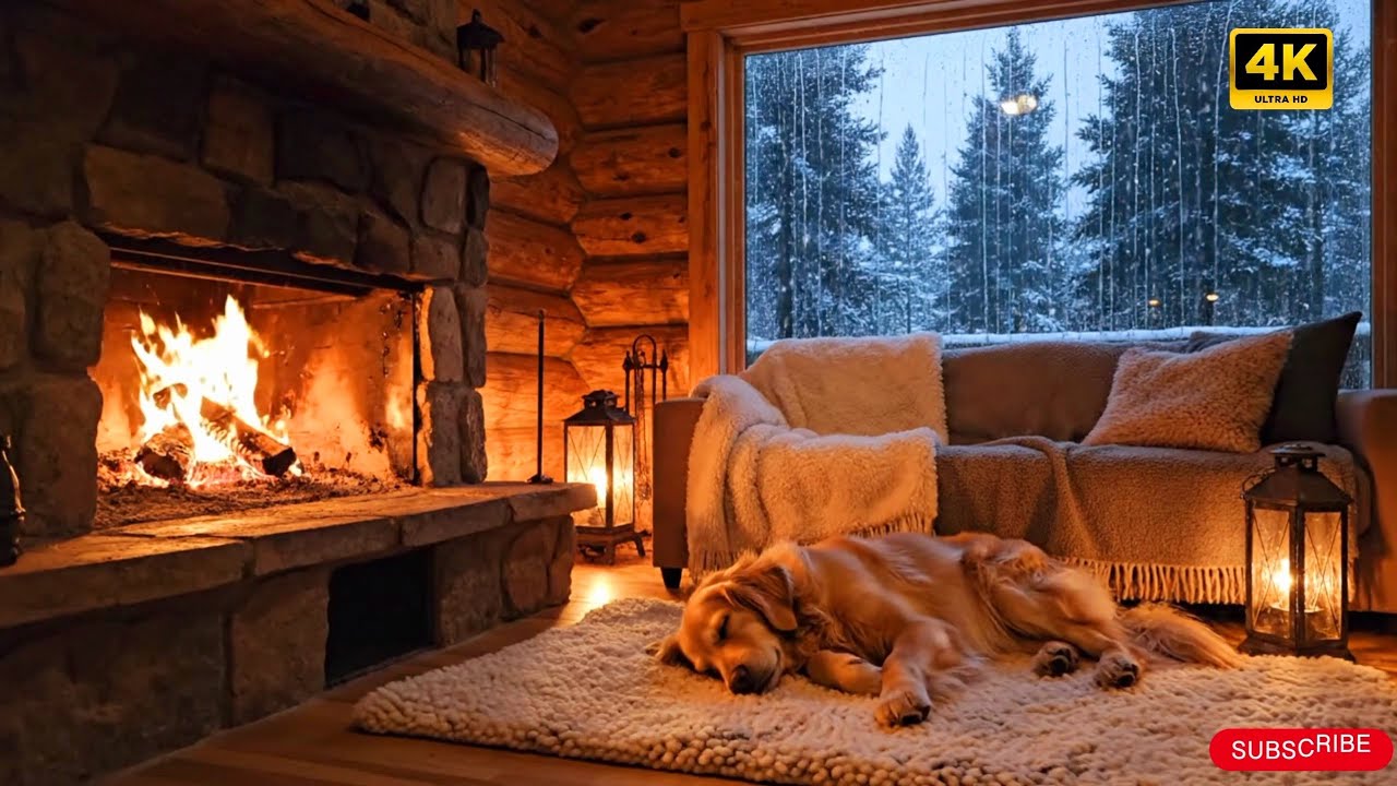 Cozy cabin + 🎷 Smooth Jazz | 🌧️ Rain Sounds | 🐶 Sleeping Dog | 🔥 Fireplace