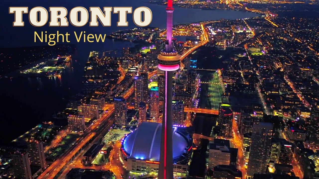 Toronto City Downtown Canada Night View By Drone Footage