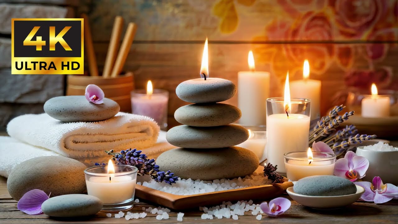 Lavender Spa Candlelight Ambience (4K) | Zen Stones & Cozy Relaxation + Ambient Music | 3 Hours