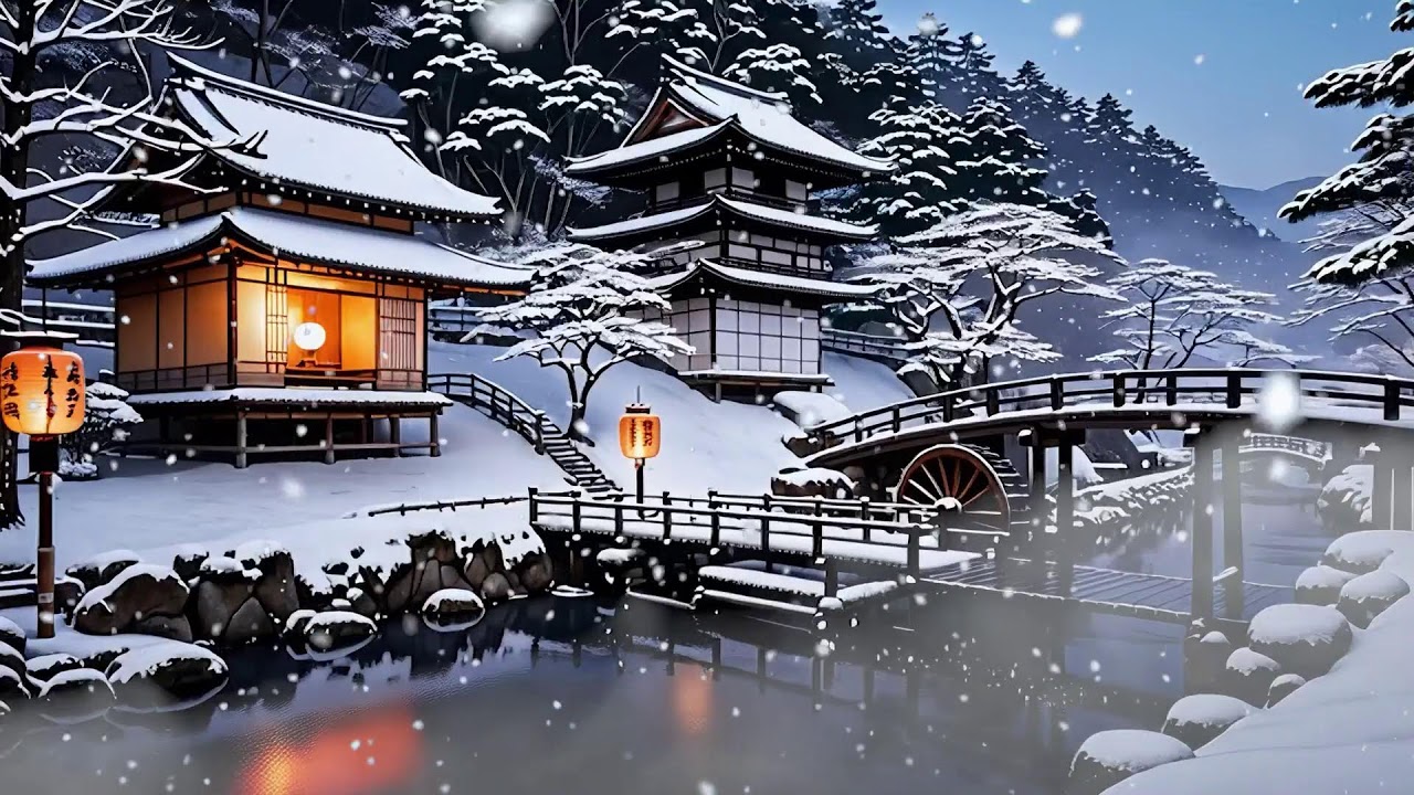 12h Ambient Zen | Music and Water Sounds for Sleep and Relaxation🌙 | 冬の水車瞑想音楽 | Thiền Mùa Đông Vol43