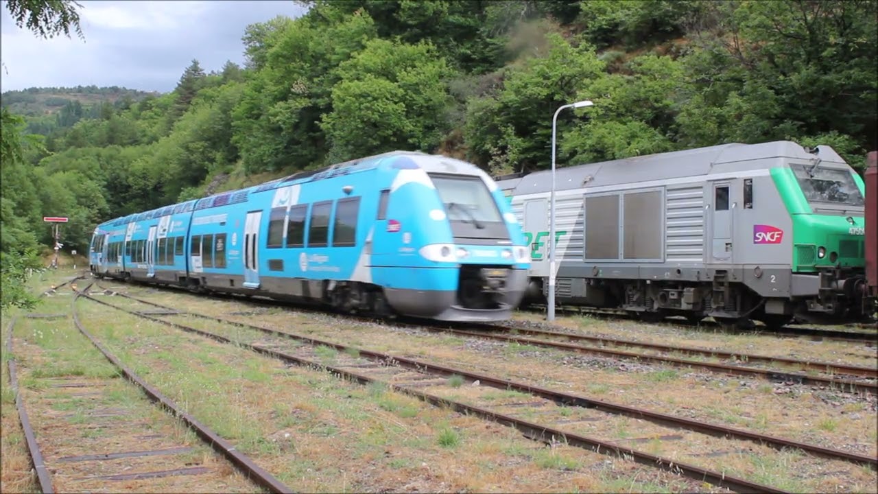 Croisement du train de bois avec le TER Nimes-Clermont à Villefort (48). 23 juillet 2025