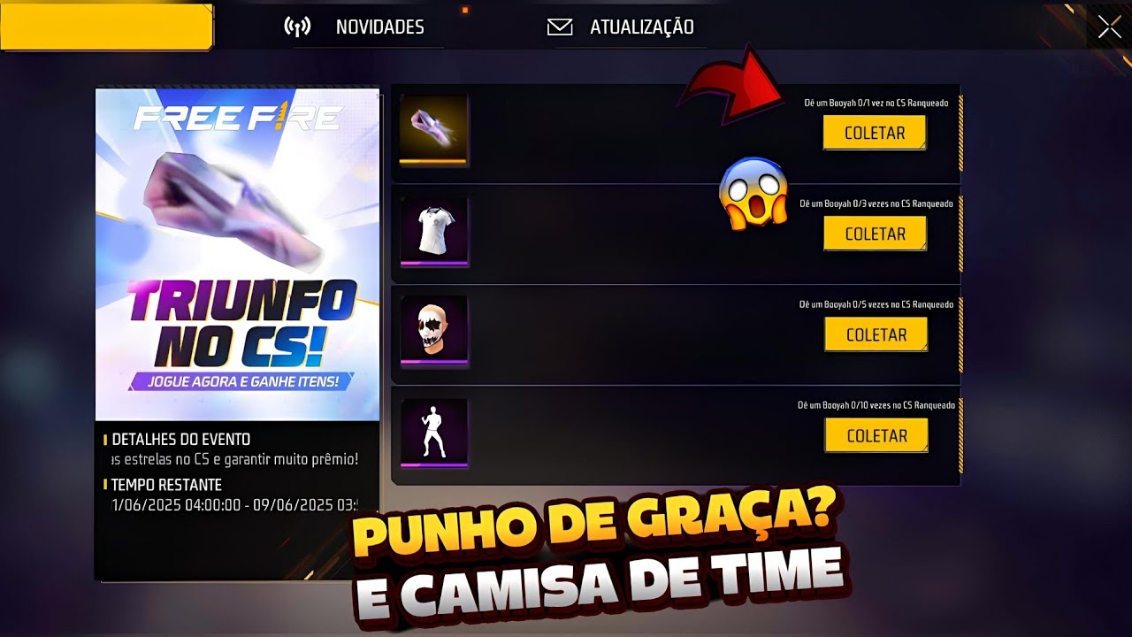 BOA GARENA! TODOS VÃO PODER PEGAR ESSE PUNHO? RECOMPENSAS, CAMISA DE TIME GRÁTIS E MAIS - FREE FIRE 