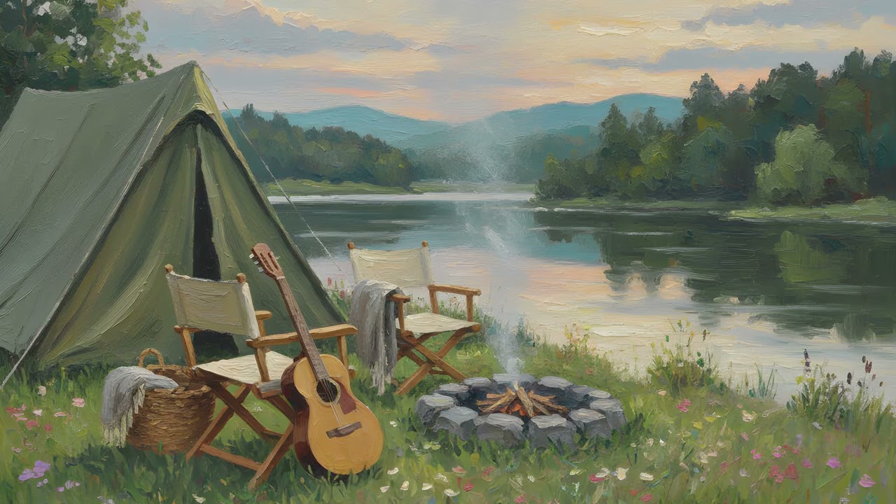 Camping Guitar Cottagecore TV Art UHD Silent Screensaver Wallpaper l 2 Hours Oil Painting Background