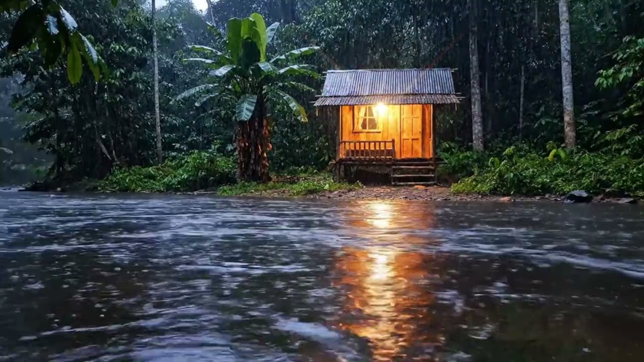 Cozy Rainy Night Cabin 🌙 River Flow, Crackling Fire & Soft Piano for Deep Sleep