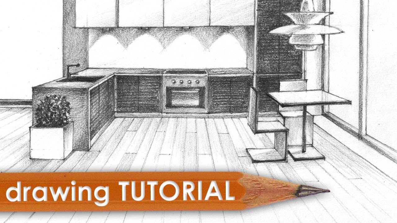 Drawing tutorial - room in one point perspective (kitchen)