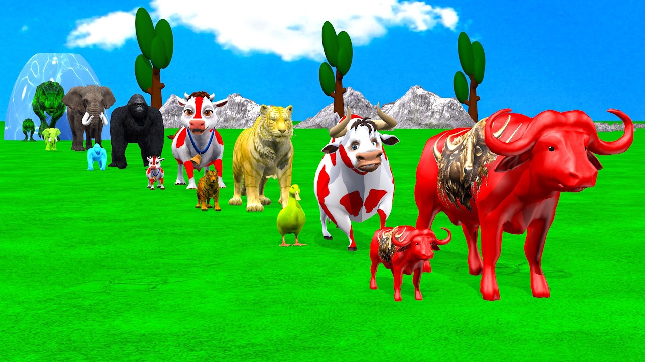 Long Slide Game With Cow Elephant Gorilla Hippopotamus Tiger - 3d Animal Game - Funny 3d Animals
