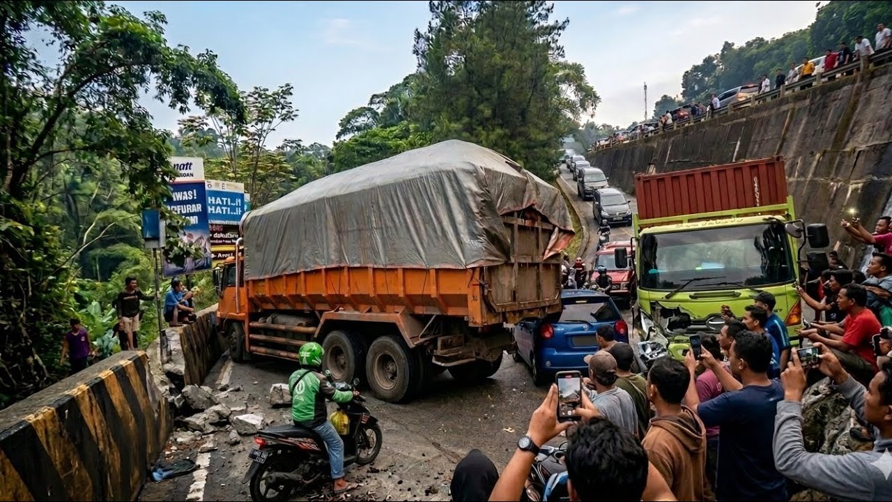 NYARIS TERGULING! Detik-detik Truk Salah Perhitungan di Turunan Ekstrim Sitinjau Lauik