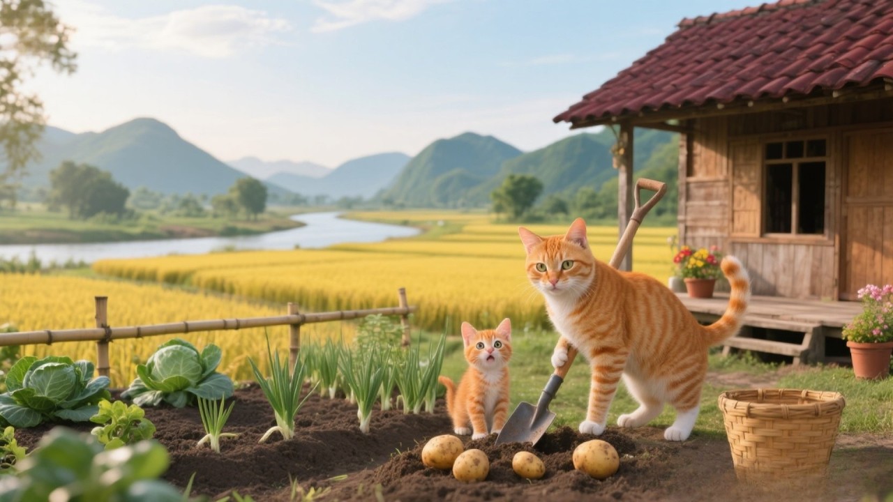 Mama Cat and Little Bonbon Harvest Potatoes in the Garden