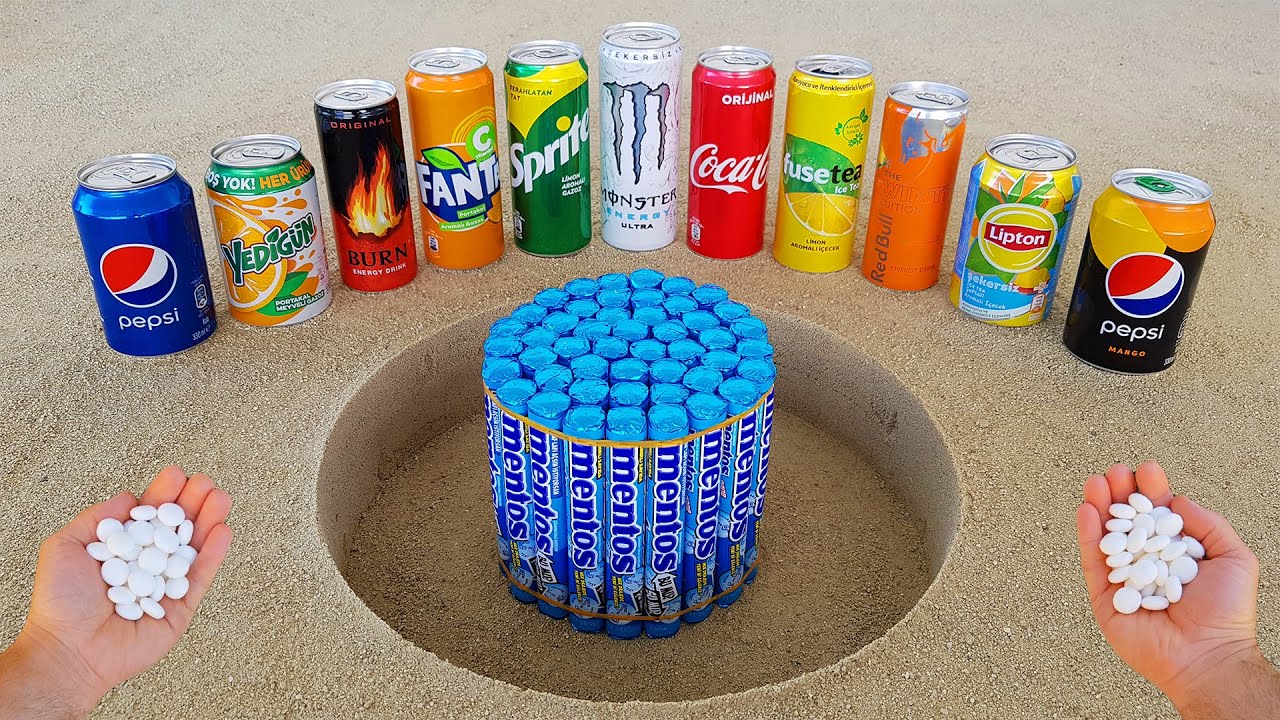Giant Coca Cola eruption from Mentos hole, Monster, Fanta, Pepsi, Red Bull, Sprite, Fruko vs Mentos