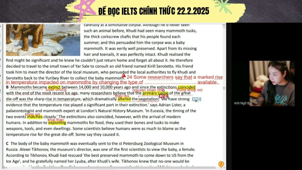 Chữa đề thi IELTS Reading ngày 22.02.2025 - The discovery of baby mammoth