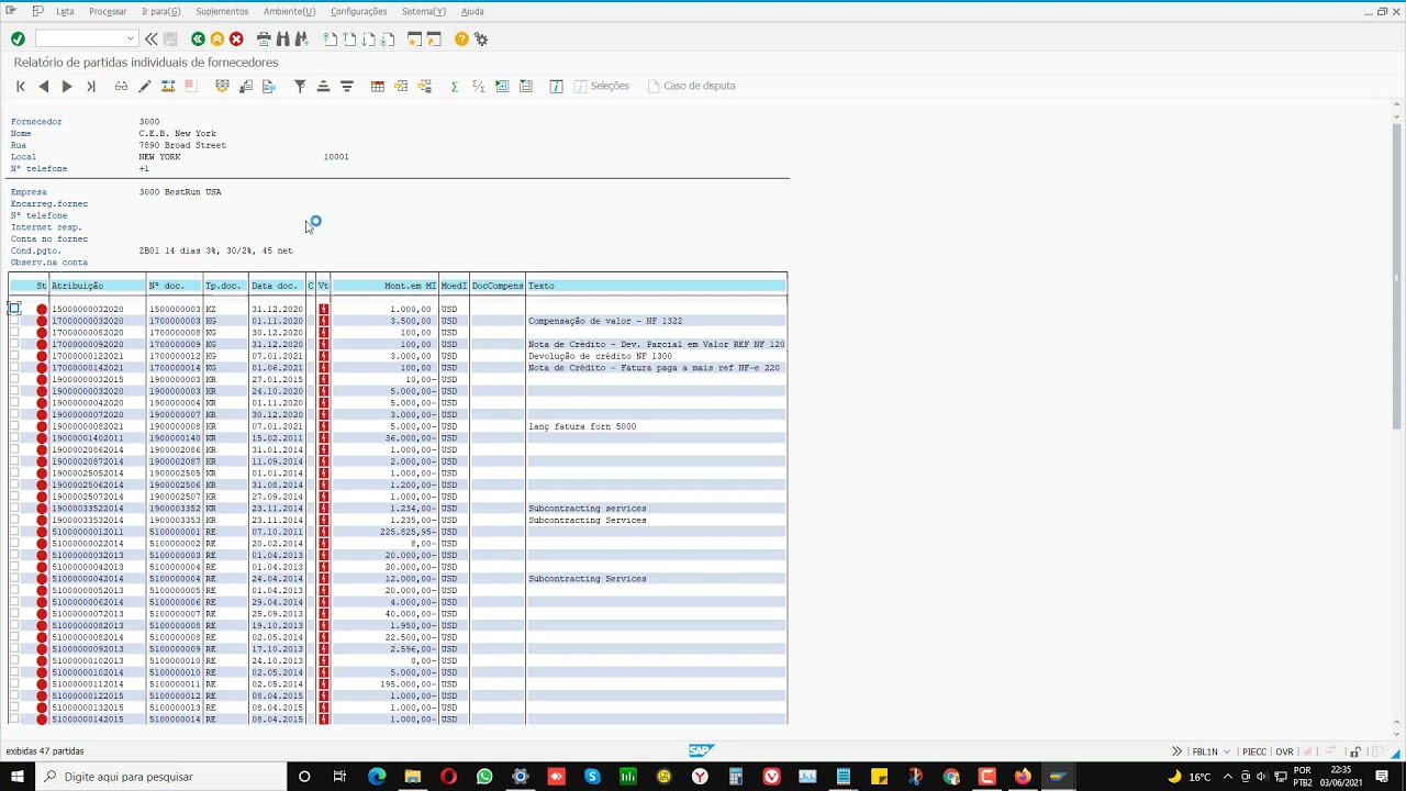 ➽ SAP Saldo Fornecedor FK10N e FBL1N