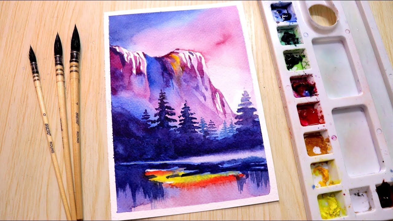 Watercolor painting tutorial of dramatic mountain and sky landscape easy