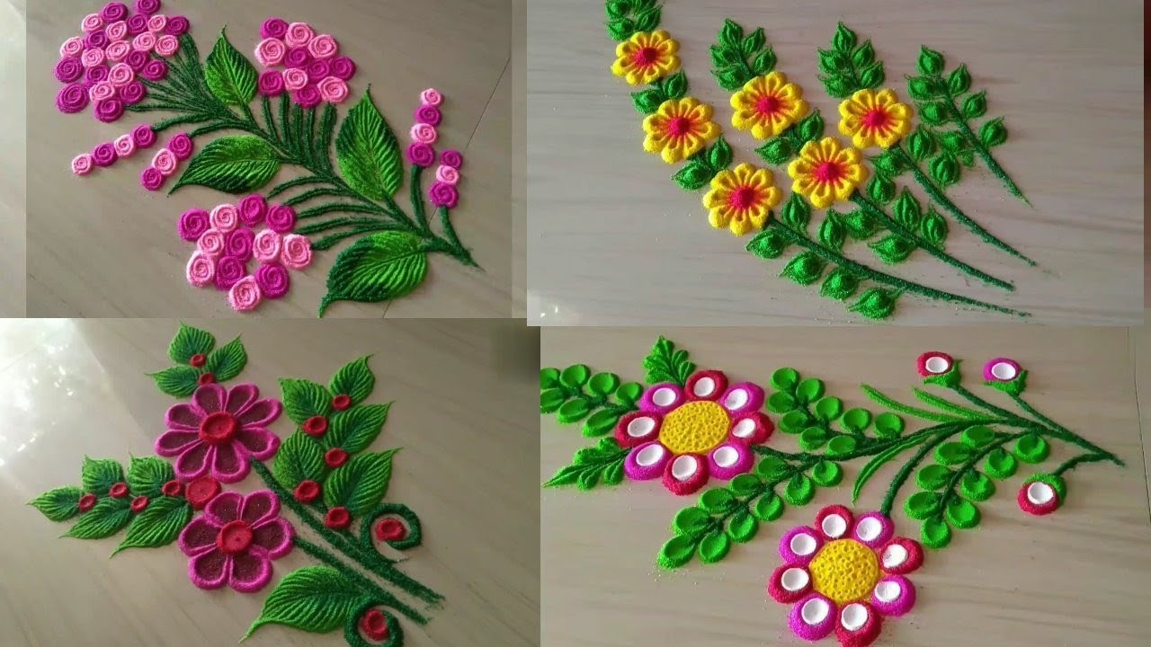 4 types of beautiful flowers rangoli designs | Diwalispecial new rangoli designs | flowers rangoli |