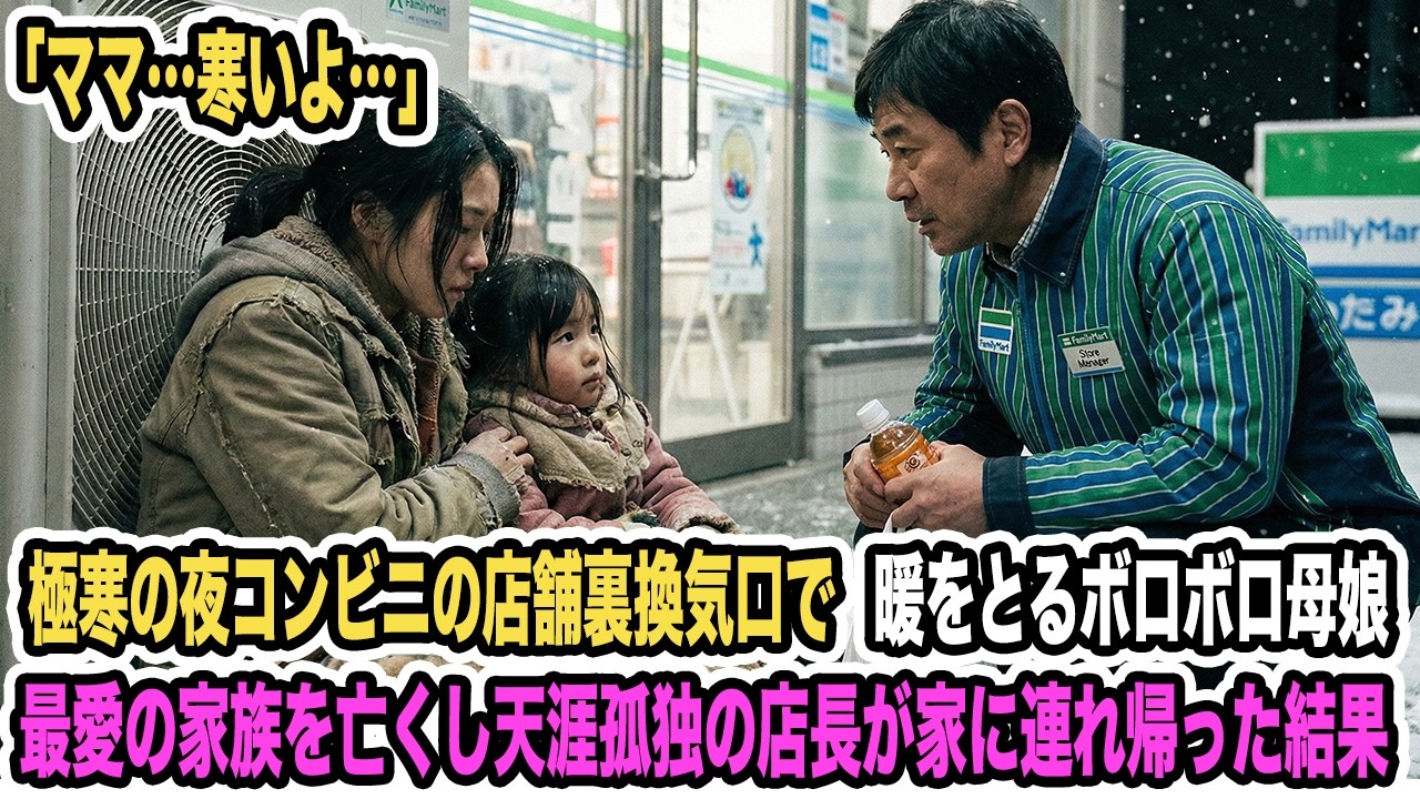 極寒の夜コンビニの店舗裏の換気口で暖をとるボロボロ母娘→最愛の家族を亡くし天涯孤独の店長が家に連れ帰った結果【感動する話】