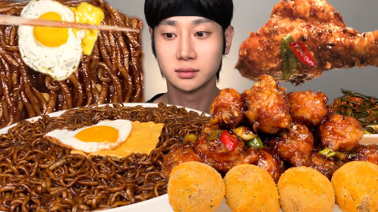 BHC 맛초킹 닭다리 치킨, 뿌링치즈볼 & 짜계치 짜파게티 더블랙, 파김치 먹방 꿀조합 리얼사운드 ASMR  Chicken & Black-Bean Noodles MUKBANG