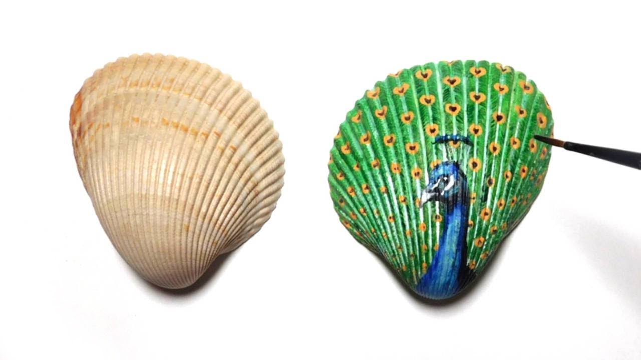 Mini Acrylic Painting on Seashell - Peacock