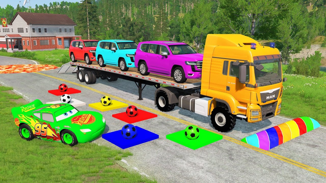 Flatbed Truck McQueen | Transportation with Truck - Pothole vs Car #80 | BeamNG.Drive Gameplay