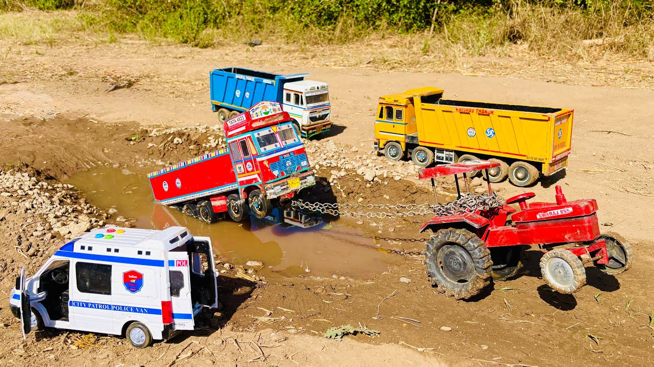 Tata Truck Dumper 4823 Accident Stuck Muddy Water Pulling Out Swaraj 855 Tractor Rescue 3D Jcb 