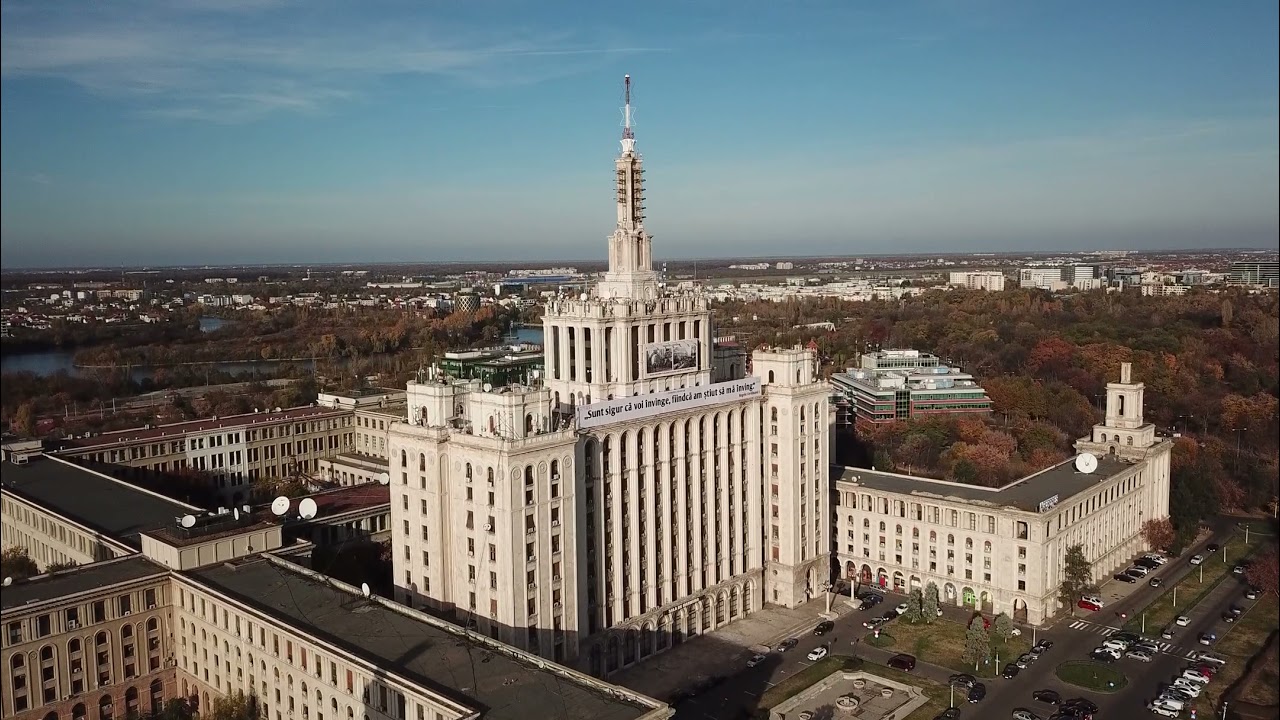 House of free press, Bucharest, Romania (DJI Drone footage) Soviet, brutalist architecture
