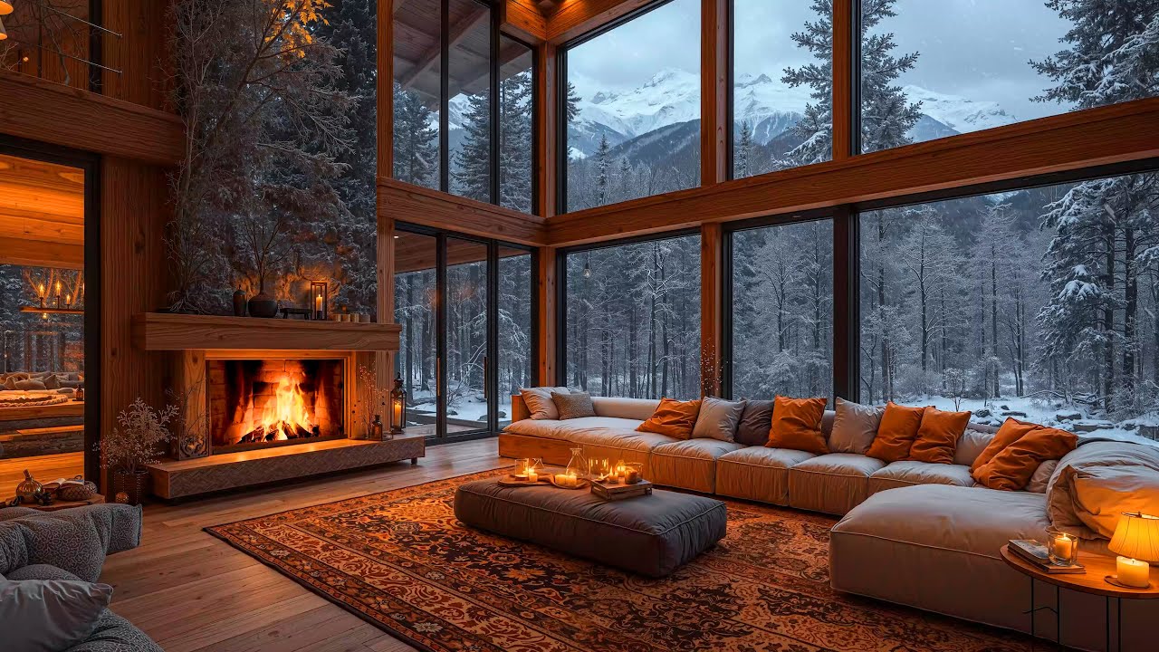Cozy Winter Ambience ❄️ Smooth Jazz Music with Warm Fireplace Burning, Snowfall Sounds for Relaxing
