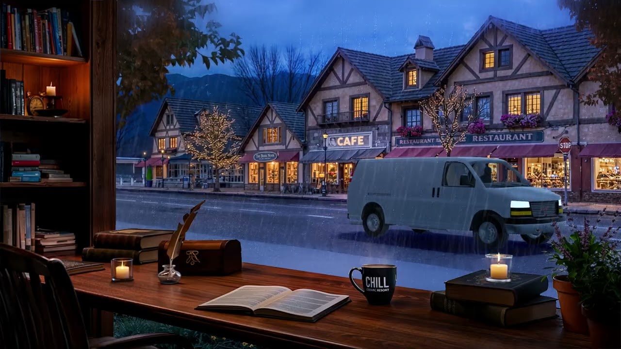 Cozy Mountain Village Coffee Shop Rain Ambience 🌧️ Study Room View for Focus & Relaxation