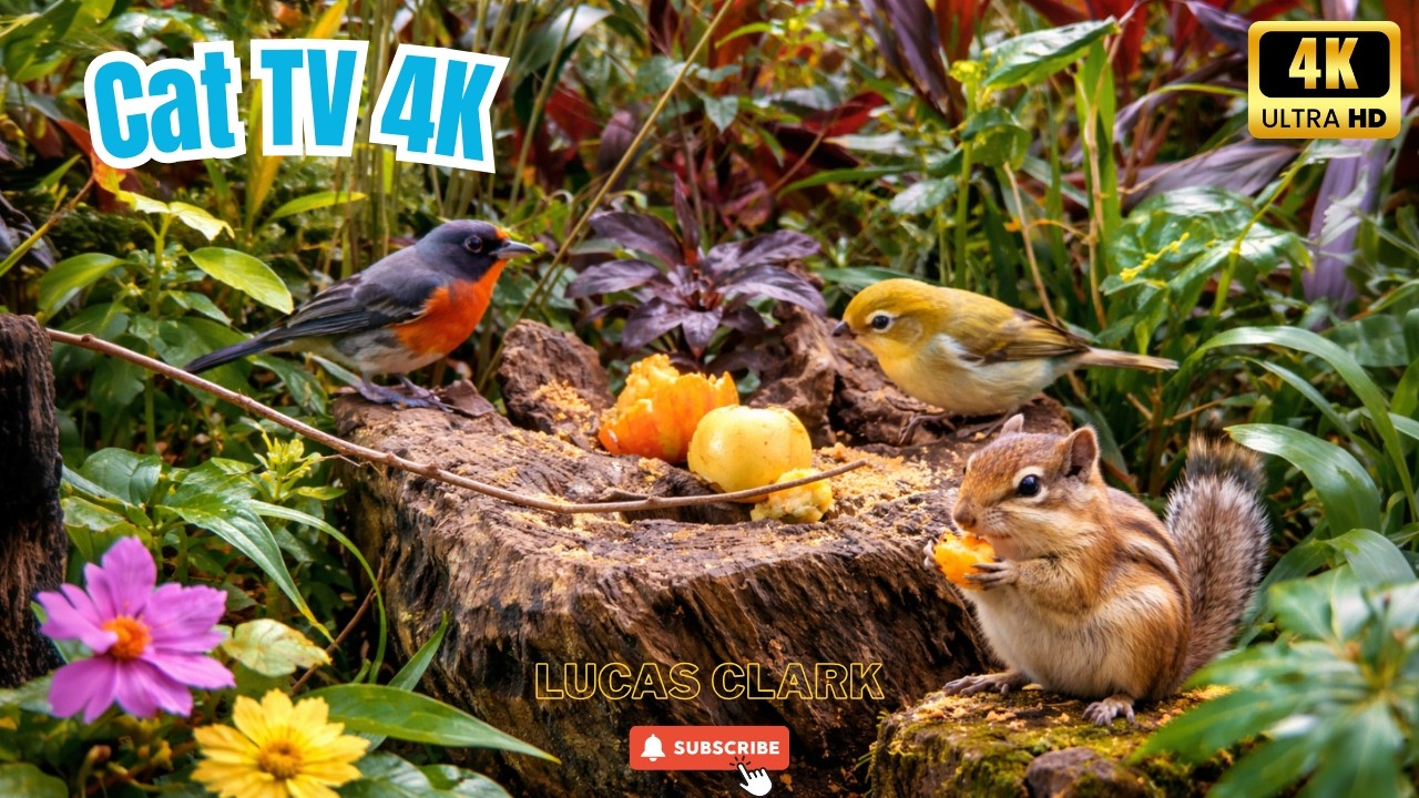 Cat TV for Cats to Watch 🐦🐿️ Colorful Birds and Cute Squirrel Visiting a Tropical Garden | 4K