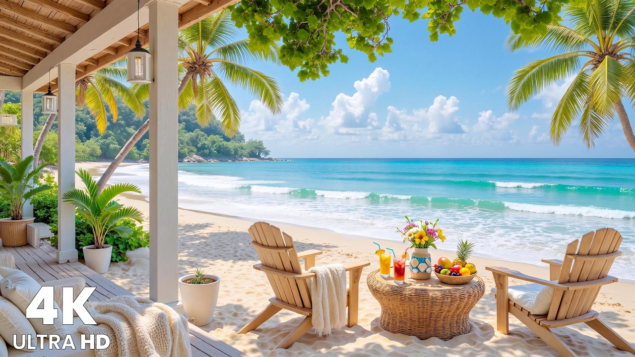 Peaceful Summer Beach Ambience - Tropical Porch with Relaxing Piano Music & Ocean Waves for Unwind