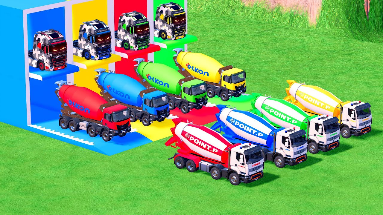 Garage with Colors - ALL MIXER TRUCK WITH DOUBLE FLATBED TRAILER TRUCK, SCANIA, MACK #25 - FS22