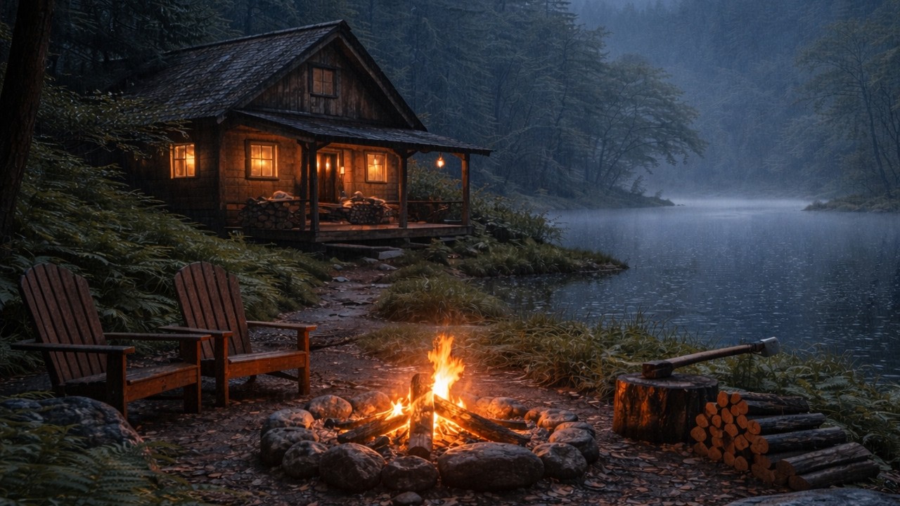 Heavy Rain & Fireplace Sounds (3 Hours) | Cozy Cabin by the Lake for Sleep & Study