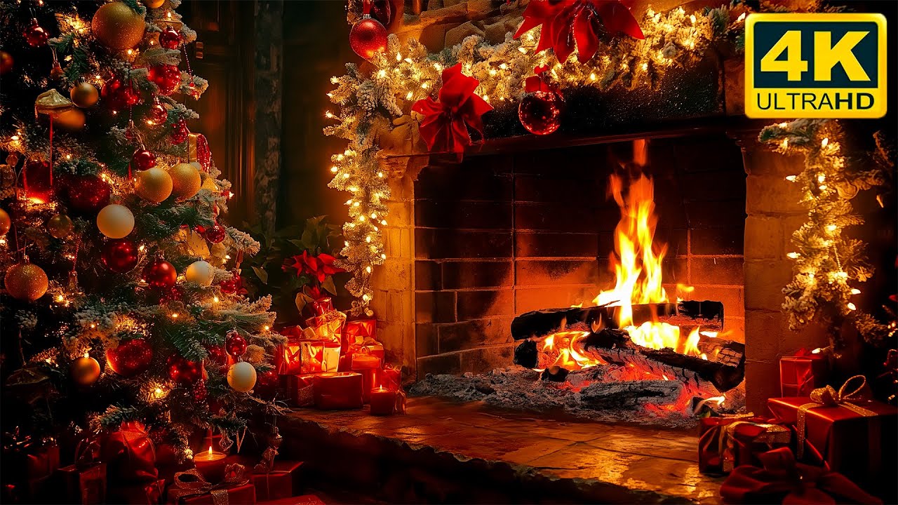Christmas Fireplace 4K 🔥  Burning Fireplace & Crackling Fire Sounds (NO Music)