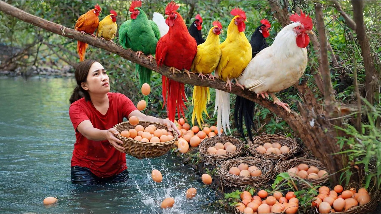 SHOCKING! Girl Harvests Over 1000 Eggs from a Huge Flock of Colorful Chickens in a Stream | Survival