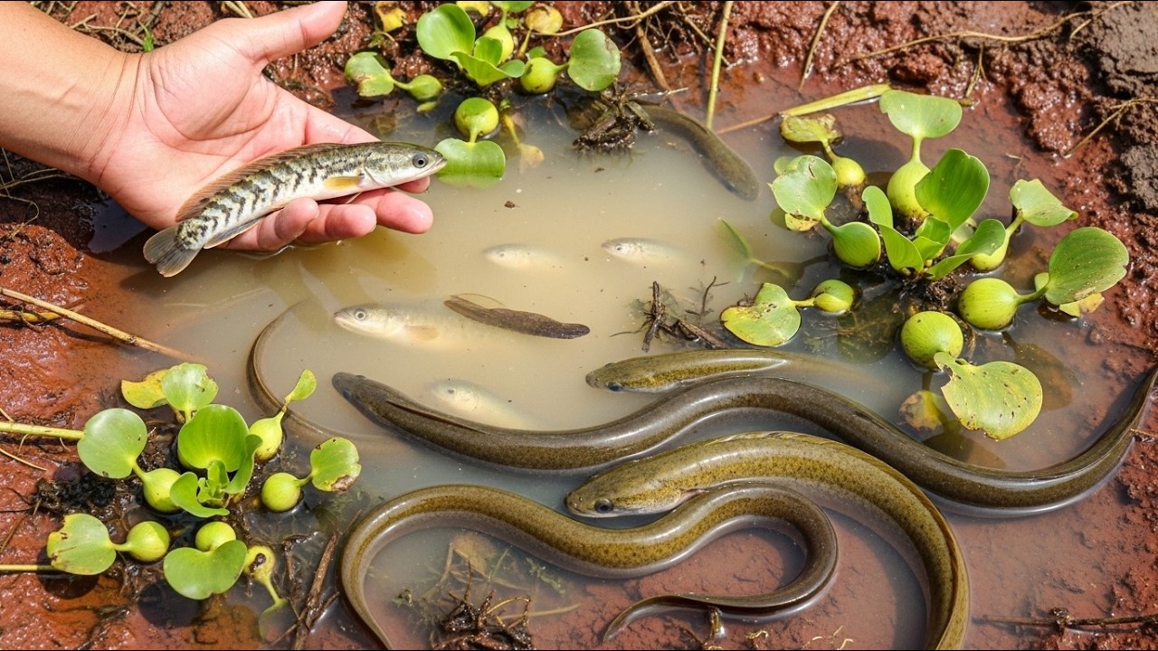 Catching Eels, Turtle, Three-Finger Fish Snakehead Fish in Mud Hole With My Barehand