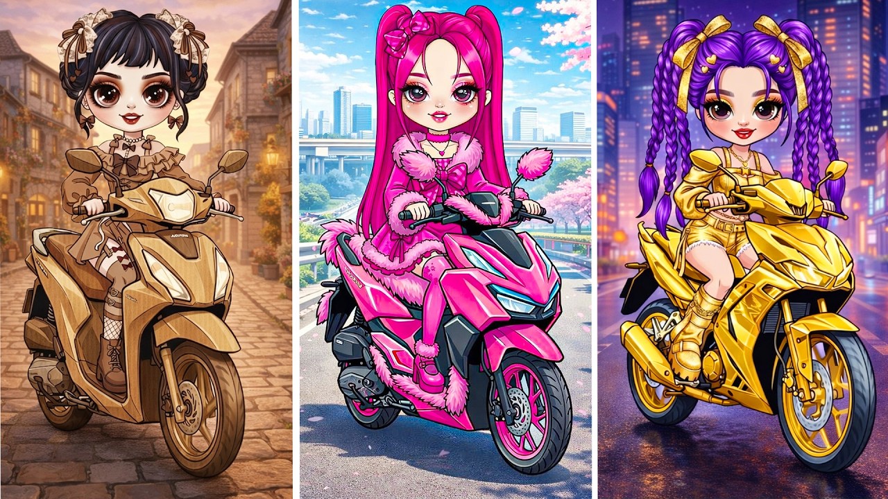 Rumi, Zoey & Mira Glow Up in Cardboard, Golden & Fluffy Motorcycles Fashion| DIY Fashion Paper Dolls
