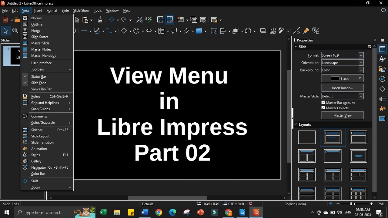 View Menu User Interface, Toolbars, Status Bar, Slide Pane, View Tab Bar in Libre  Impress Part 46