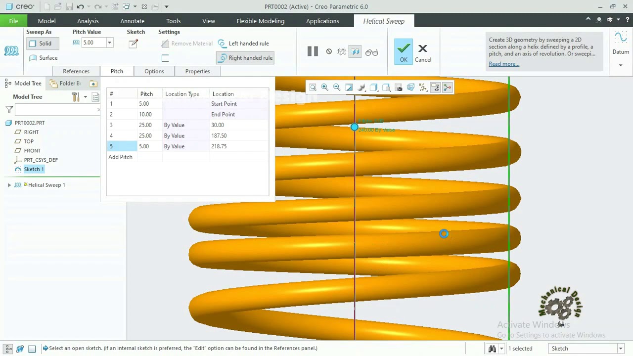 creo tutorial - how to make a helical spring at deferent points by helical sweep