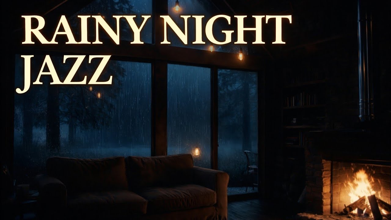 Midnight Jazz in a Rainy Cabin 🌧️ Fireplace Ambience