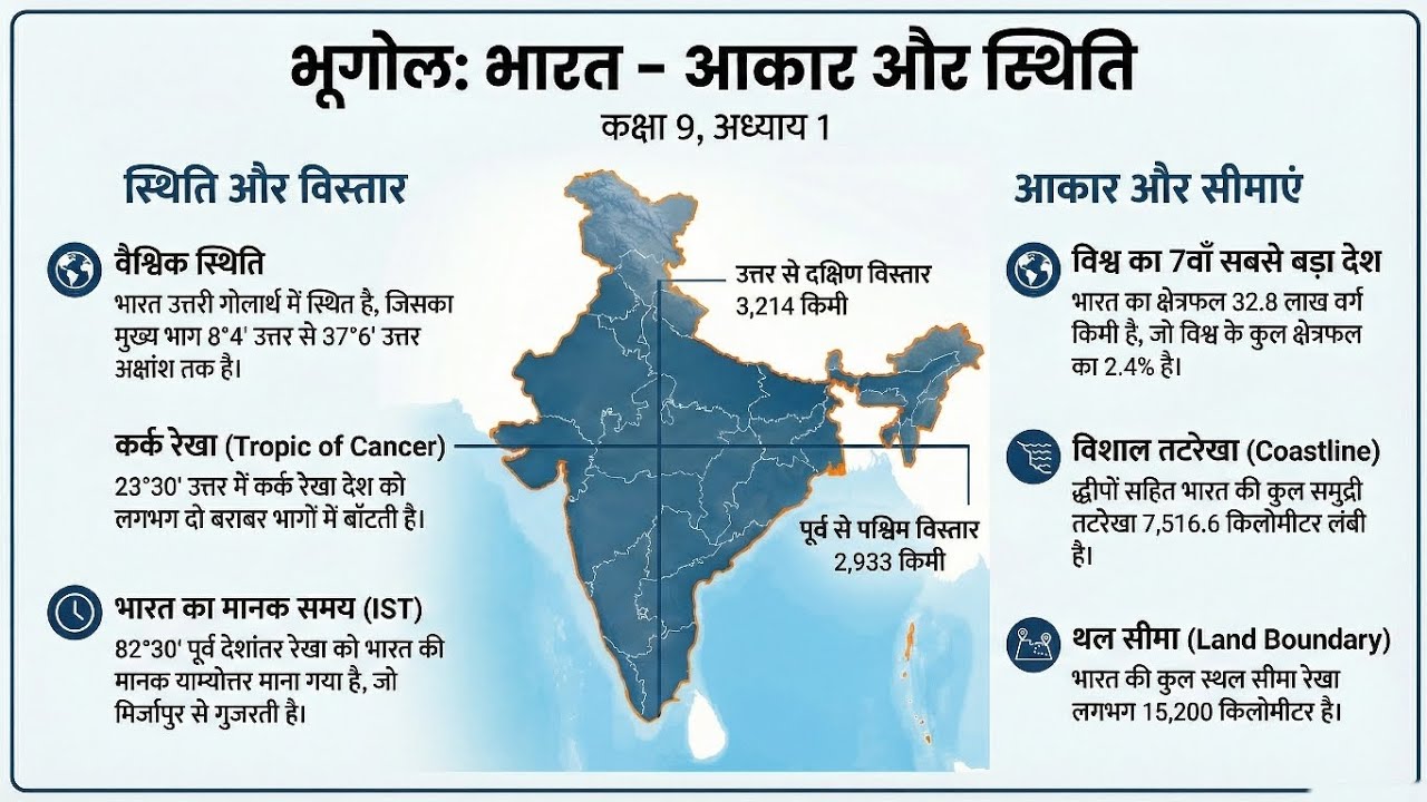 NCERT Class 9th Geography chapter 1  भारत - आकार और स्थिति (India - Size and Location) #rrb 