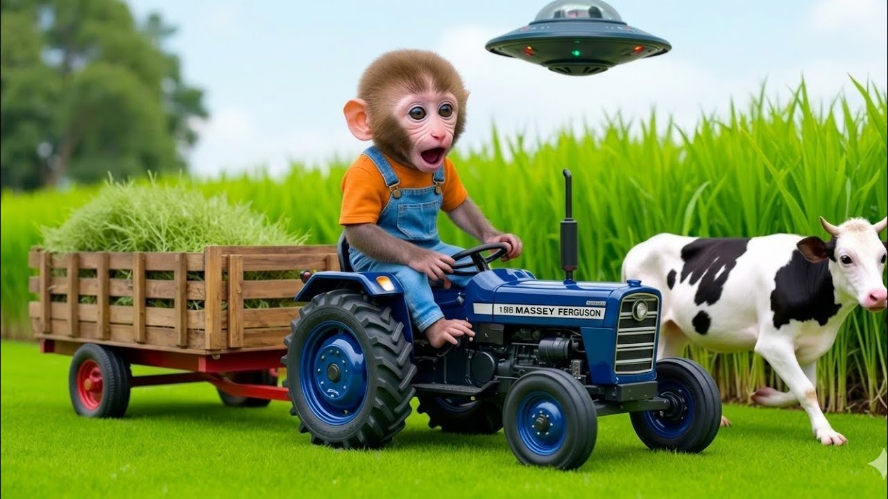 Monkey Nana drivers a tractor .. from UFO assault  to harvesting grass for the hard Chicken  मंकी 
