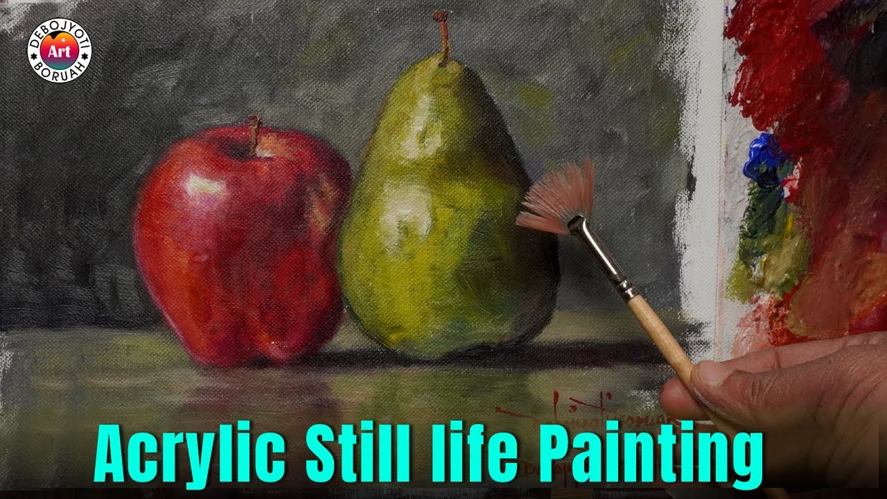 Acrylic Still life painting:  Apple & Pear 🍎🍐with unique FAN Brush Technique by Debojyoti Boruah