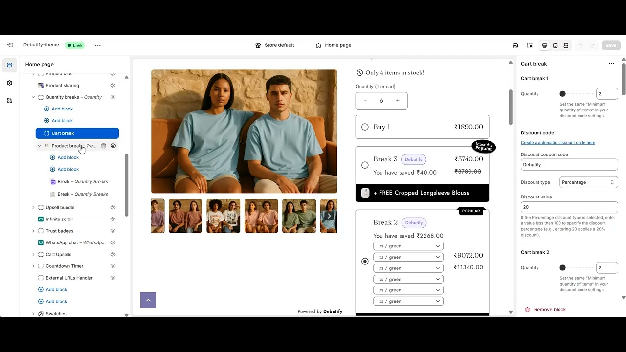Как использовать виджет «Разрывы количества» в теме Debutify