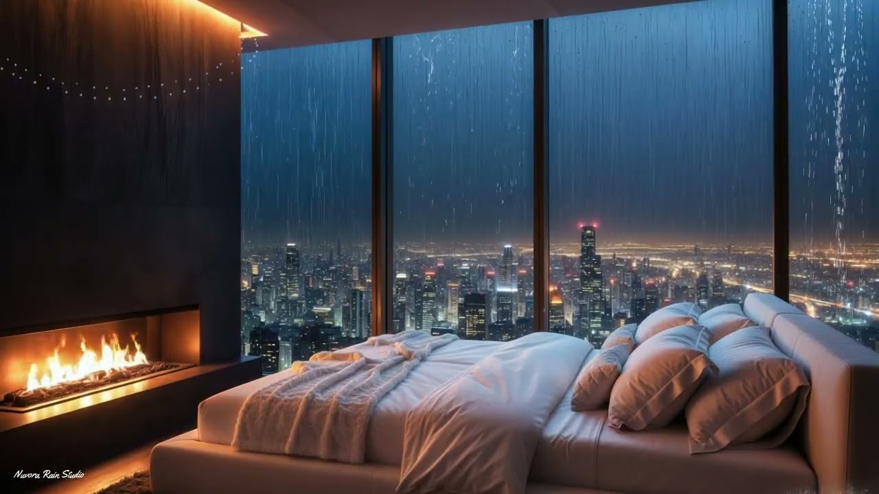 Cozy Luxury Bedroom Rain Sounds | Relaxing Fireplace Rain (3 Hours) 