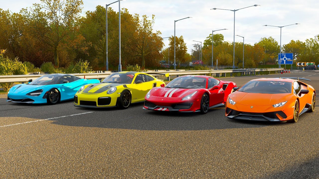 Forza Horizon 4 Drag race: Huracan Performante vs Ferrari 488 Pista vs 911 GT2 RS vs McLaren 720s