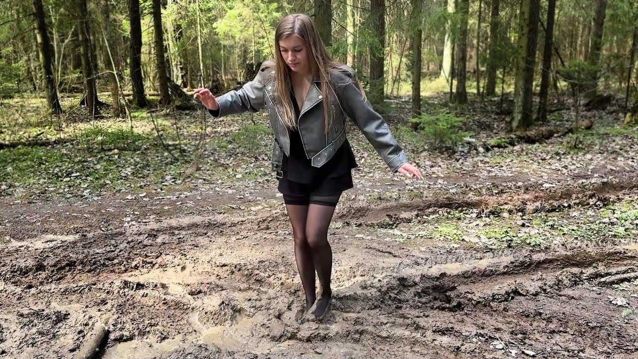 Muddy knee high white socks, black stockings in mud, white socks in mud, messy stockings (# 1539)