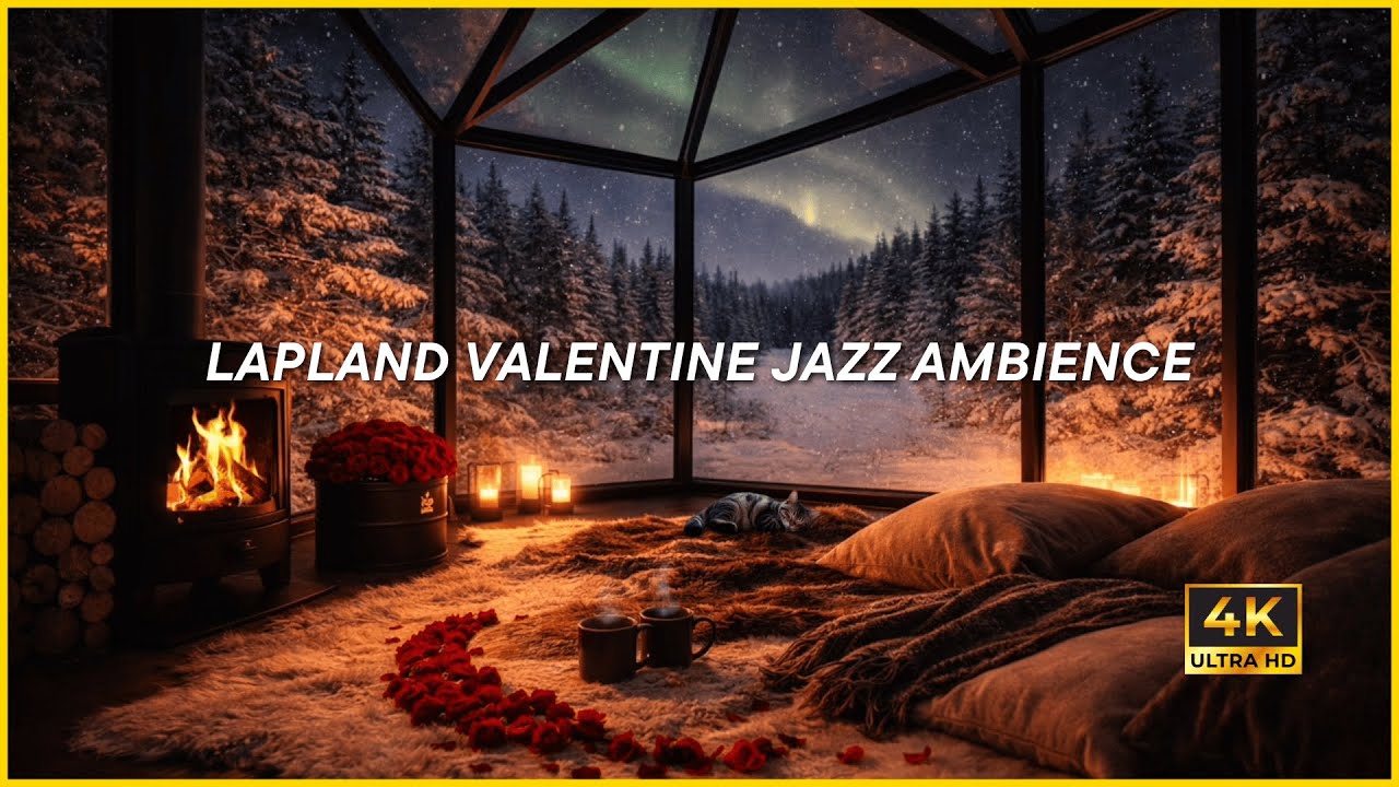 LAPLAND VALENTINE JAZZ AMBIENCE (4K) | Romantic Night Ambience, Aurora Glass Cabin View