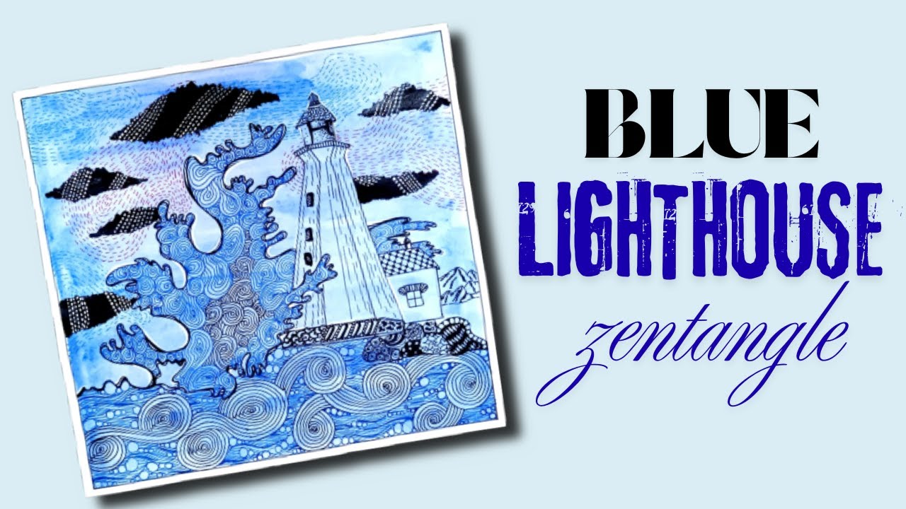 Blue lighthouse zentangle and waves||  Relaxing pattern drawing for beginners