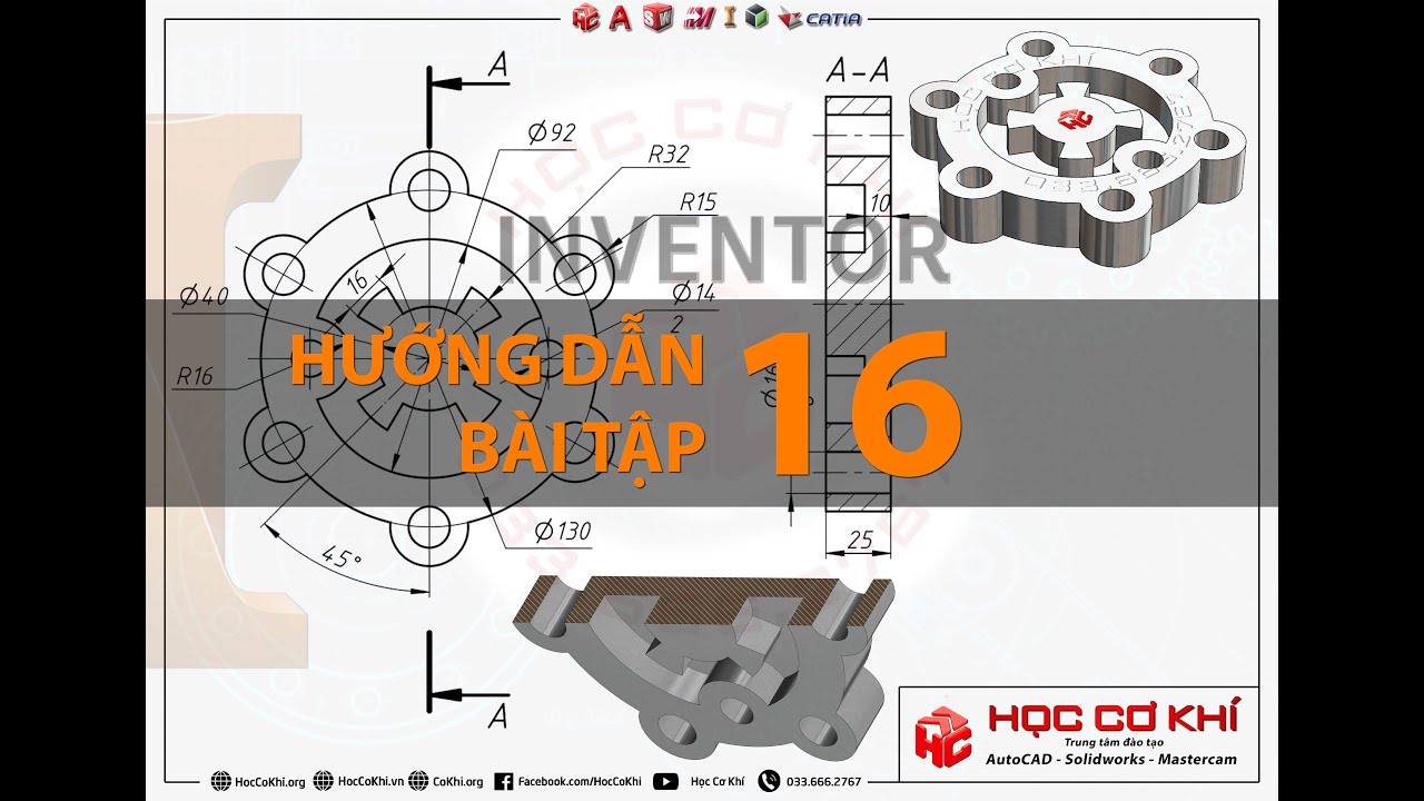 [hoccokhi] Hướng dẫn vẽ bài tập số 16 | Bài tập Inventor
