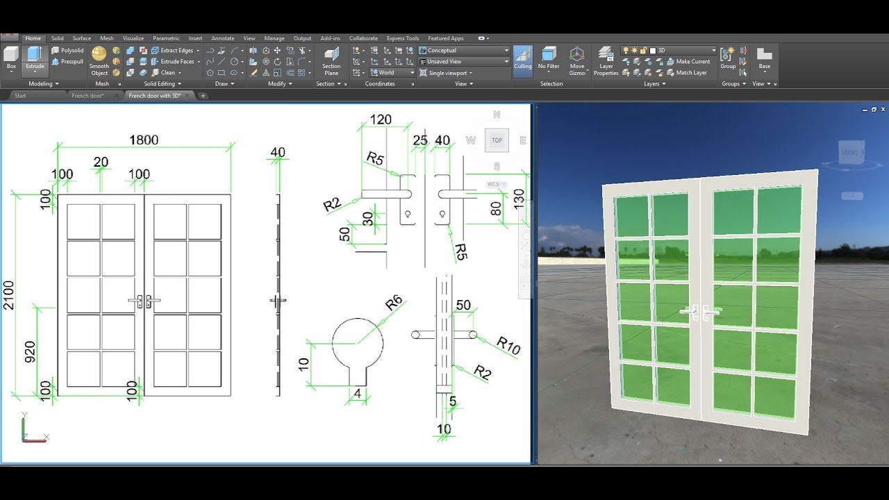 AutoCAD tutorial Draw 2D 3D French Door