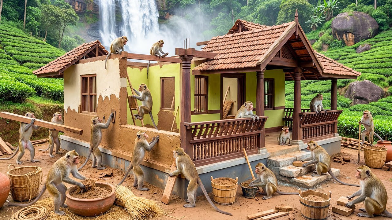 बंदरों ने बनाया पहाड़ी घर 🇮🇳 | 🐒🏡 Monkeys Build a Traditional Indian House on the Hill