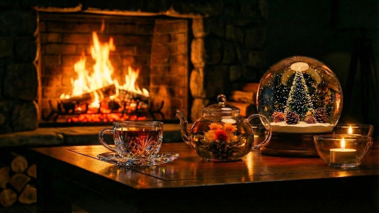 Relax & Unwind: Cozy Winter Fireplace with Blooming Tea & Snow Globe ASMR