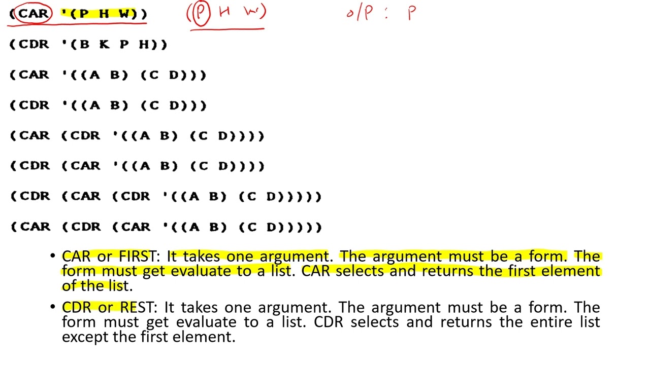 LISP:  CAR and CDR functions with Examples